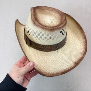 Western Straw Cowboy Hat Medium Vented Woven Brim Brown Fade Leather Band Mexico